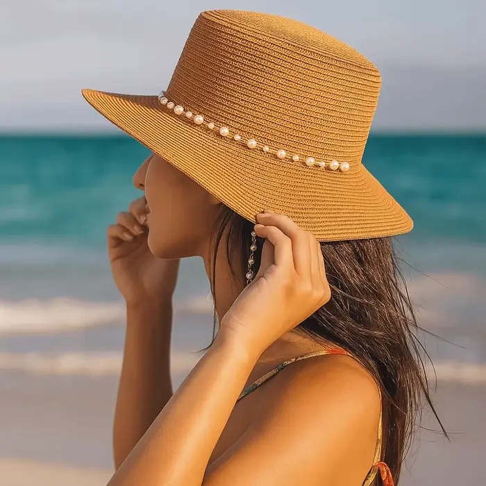 Chapeau de paille à large bord avec chaîne de perles coquillages