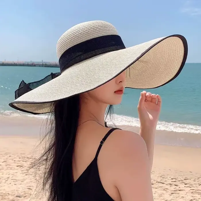 Chapeau de paille élégant style vintage avec nœud en ruban pour femmes protection solaire plage occasions spéciales