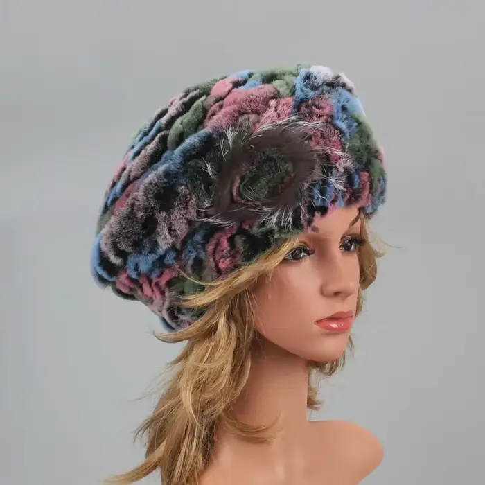 Bérets pour femmes véritable chapeau de fourrure de lapin hiver casual chaud bonnet tricoté pour les