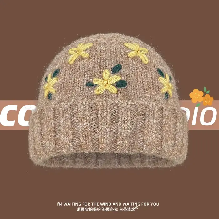 Niche coréenne crocheté à la main fleur tricoté chapeau automne et hiver doux et polyvalent chaud grande tête crâne bonnet casquettes pour les femmes