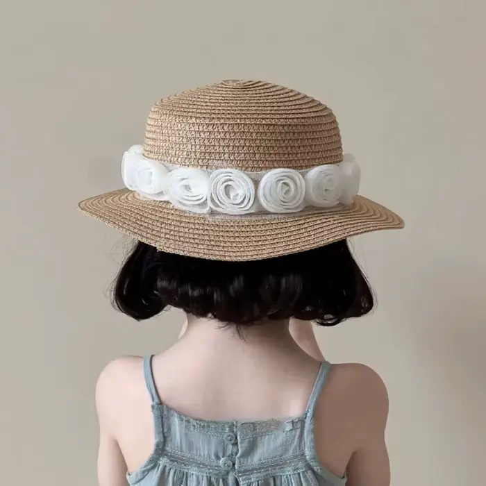 Casquettes de paille d'été pour bébé, chapeau de paille en dentelle florale pour vacances à la plage