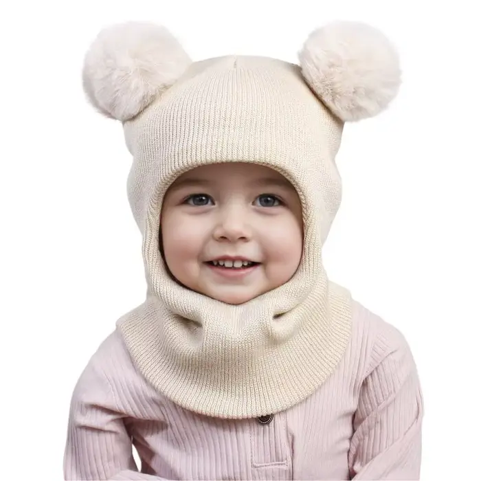 1 pièces Juniors Double Pom Poms combiné chapeau écharpe mignon cagoule chapeaux garçons filles sais