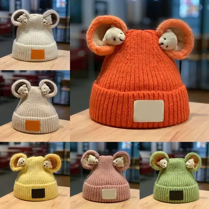 Chapeau tricoté ours mignon et décontracté chapeau froid en peluche bonnet d'hiver pour femmes occasions spéciales halloween noël anniversaire cadeau