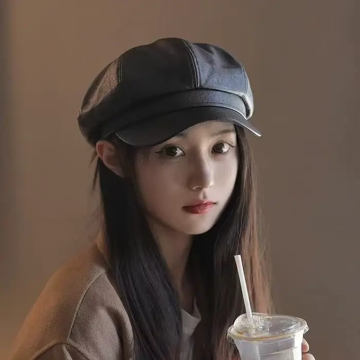 Béret à rivets Vintage Harajuku Y2K pour fille gothique Lolita en cuir noir visage foncé révélant de