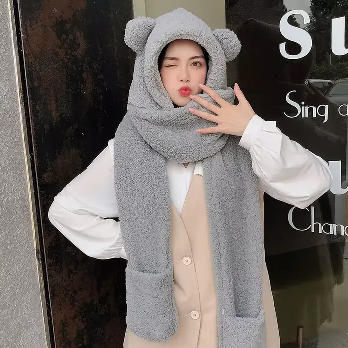 Chapeau en velours d'agneau pour femme, écharpe à capuche chaude et froide, gants, ours mignon fémin
