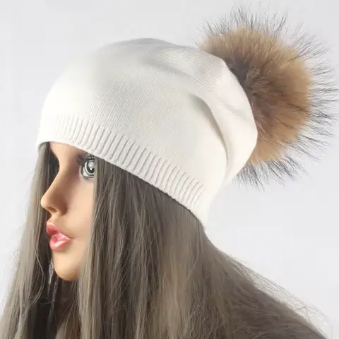 Femmes hiver laine tricoté chapeaux pompon bonnet fourrure de renard pompons chapeau couleur unie mo