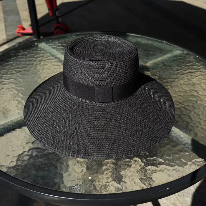 Chapeaux de paille noirs disquette pour femmes, chapeau seau d'été, chapeau de plage à large bord, c