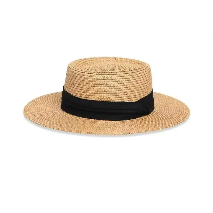 Chapeau de paille à calotte plate style français pour femme - Chapeau de soleil de plage à large bor