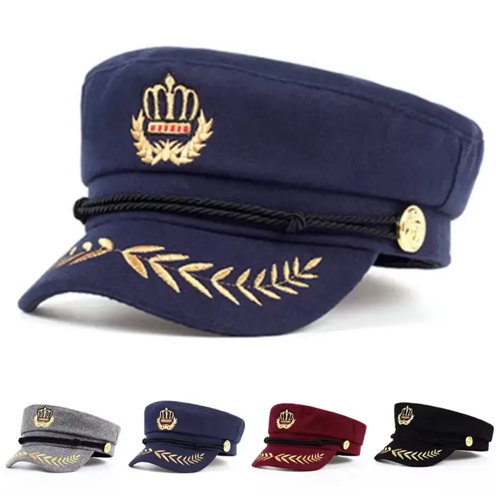 Chapeau de marin unisexe avec couronne d'oreille de blé pour hommes et femmes, casquette militaire de capitaine, grande casquette de béret noire, printemps-automne