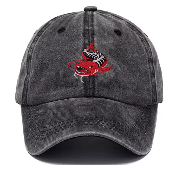 Casquette de baseball grise délavée unisexe motif brodé poisson pêcheur réglable pour la pêche et les sports décontractés
