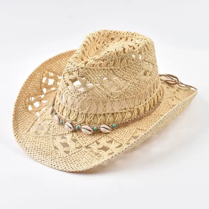Chapeau de paille pour femme, décoration coquillage, chapeau de plage ajouré à large bord, chapeau d