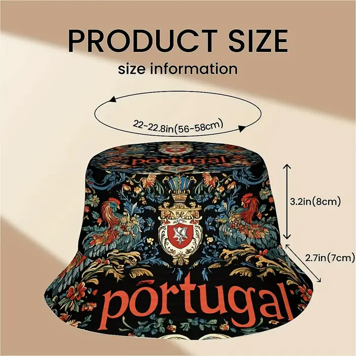 1 chapeau de pêcheur pour la Fête Nationale du Portugal - Imprimé floral vibrant, texte « Portugal »
