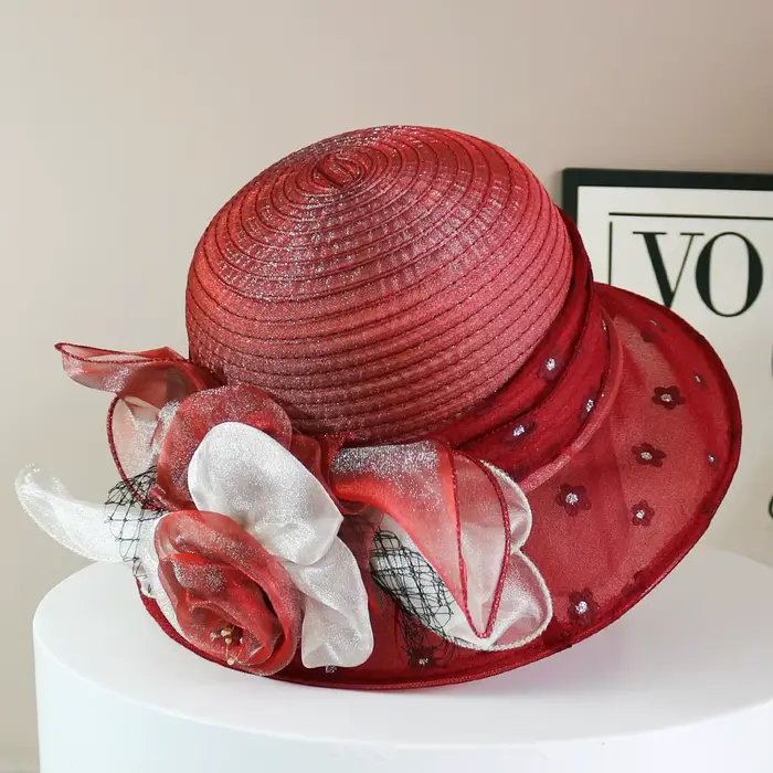 Chapeau de mode femmes chapeau haut-de-forme élégant Organza fleur large bord chapeau de soleil pour