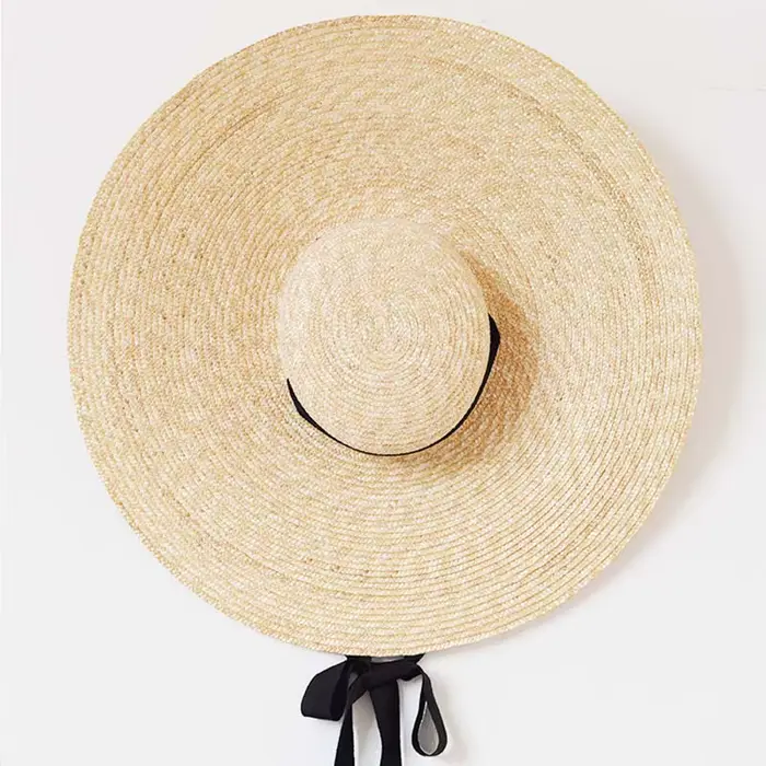Grand Chapeau de Paille Naturel avec Lacets et Bord Large pour Femme et Fille