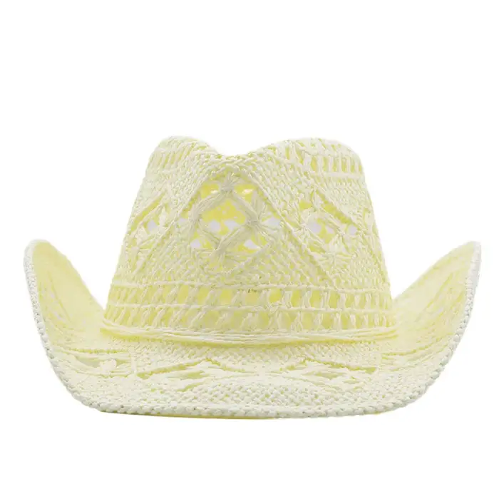 Chapeau de paille vintage à large bord, creux, tressé, style cowboy occidental, fait main, protectio