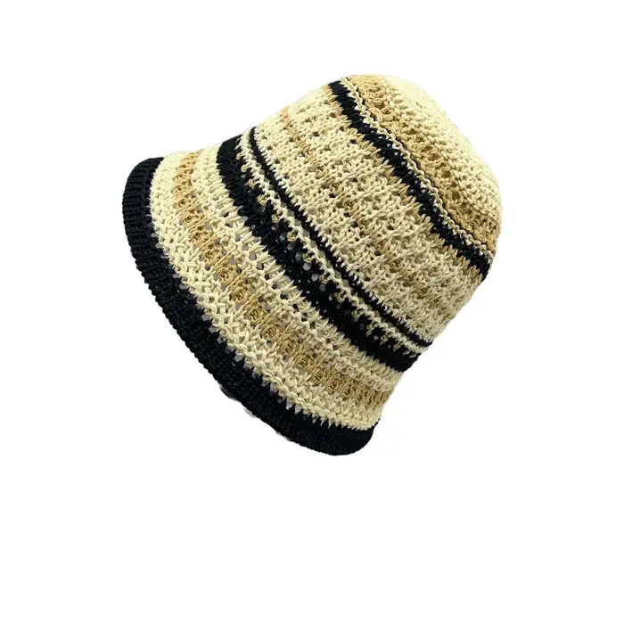 Chapeau Bob Tricoté Coloré à Rayures Style Coréen Creux Protection Solaire pour la Plage
