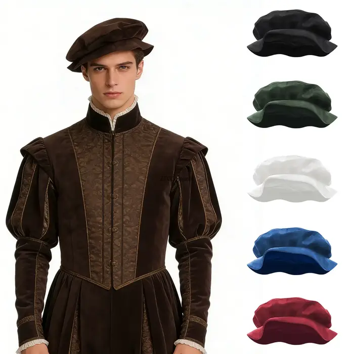 Chapeau Tudor médiéval en daim avec plume
