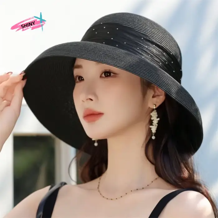 Chapeau de soleil élégant en paille de raphia style bohème à pois