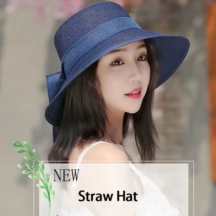 Chapeau de soleil d'été pour femme style britannique paille tressée nœud et ruban protection solaire plage vacances