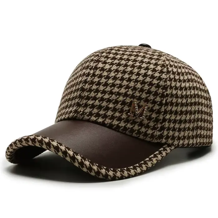 Casquette de baseball pied-de-poule, lettre en métal unisexe "M", décor en strass, protection solair