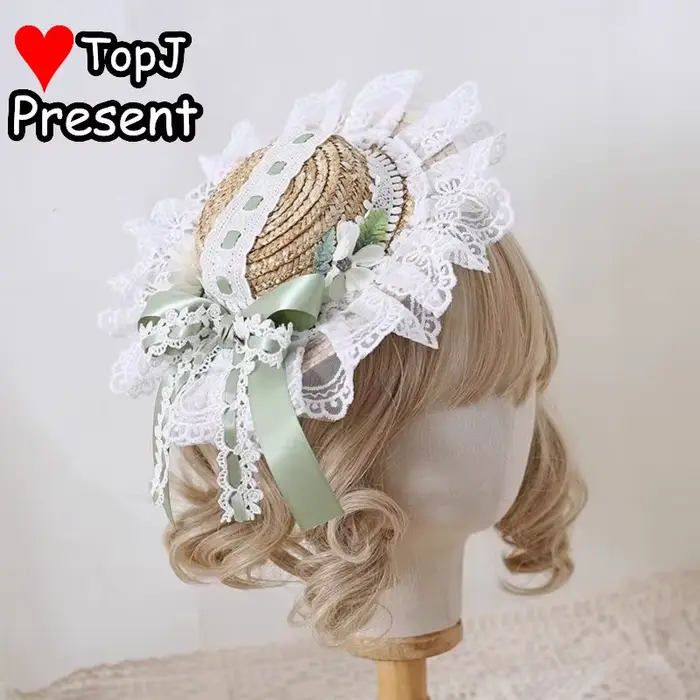 Lolita dentelle chapeau de paille fleur élégant chapeau plat chapeau haut-de-forme fleur mariage thé