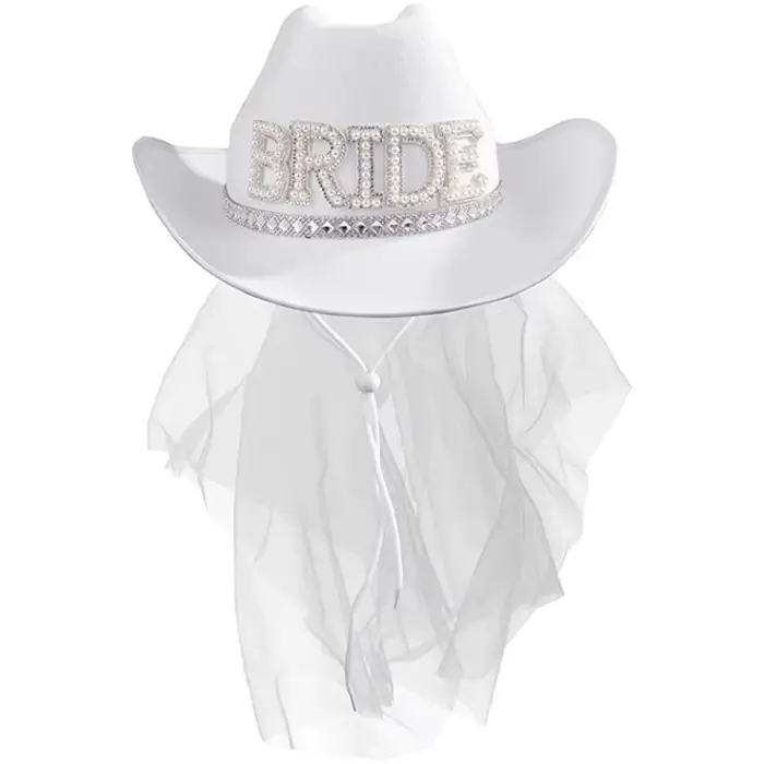 Chapeau de cowboy à large bord style western pour mariage champêtre, voile de mariée à plumes, cadea
