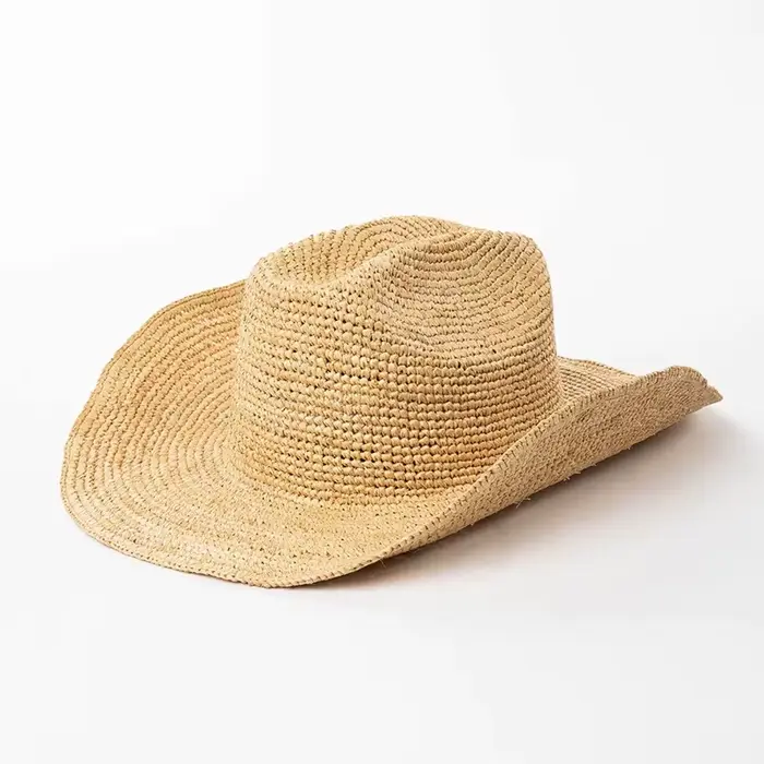 Chapeau de cowboy occidental en raphia naturel fait à la main pour femmes et hommes, chapeau de sole