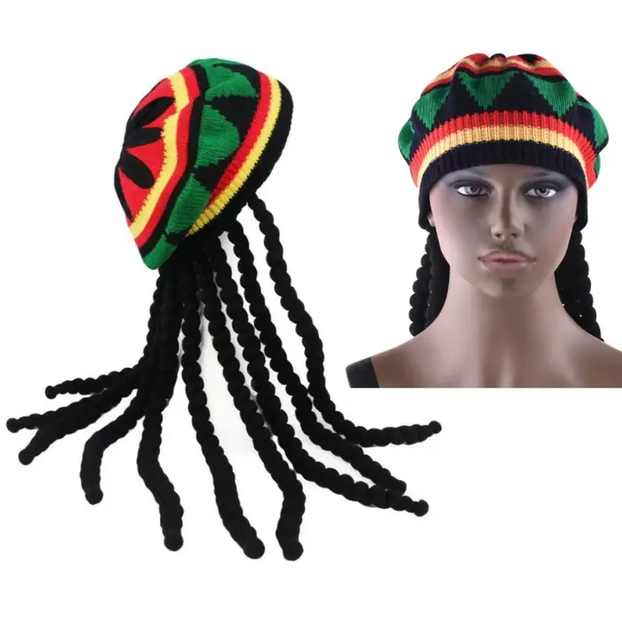 Chapeau tressé en tricot unisexe, bonnet jamaïcain Bob Rasta, casquette Hip Hop pour hommes, perruqu