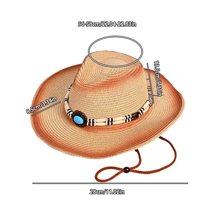 Chapeau de cowgirl en paille avec ceinture de perles pour hommes et femmes chapeaux de jazz multifonctionnels adaptés aux quatre saisons style sport occidentale rétro à large bord avec corde coupe-vent