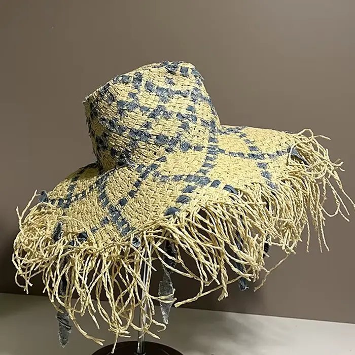 Chapeau d'été à franges pour femmes, bleu, sangle au menton, chapeau de plage, motif floral, Panama,