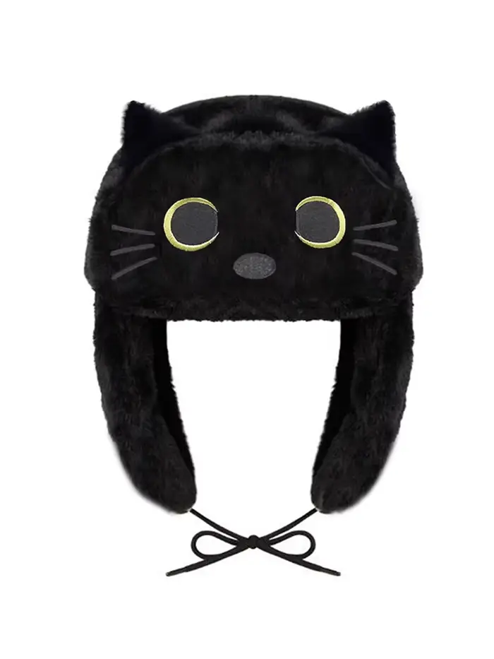Chapeau Ushanka en laine pour femme, casquette en tricot, broderie Trared, conception de chat noir, 