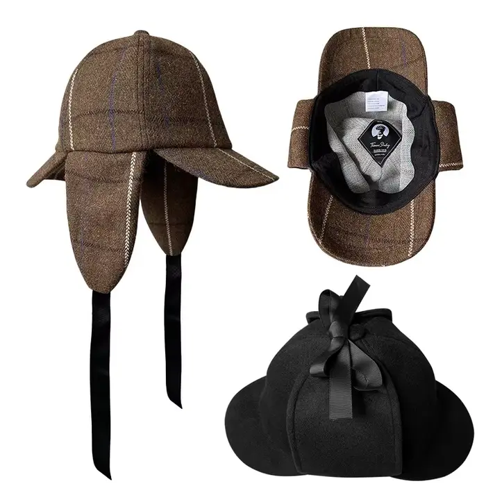 Chapeau Sherlock Holmes Deerstalker unisexe en laine à carreaux pour homme et femme style britannique détective tendance hiver automne extérieur