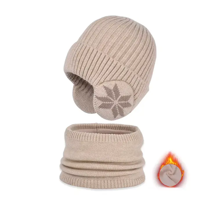 2 pièces tricoté enfants hiver chapeau écharpe polaire doublure oreilles Protection bonnet chapeau c