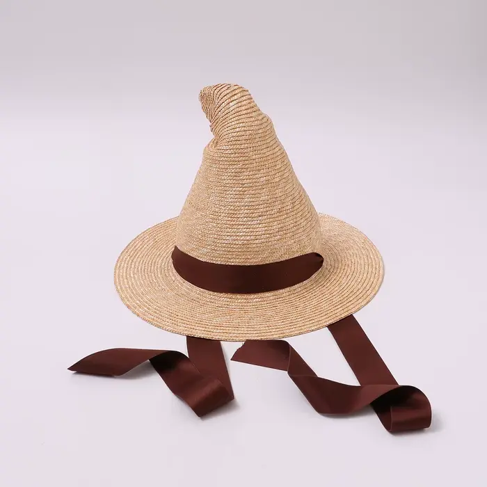 Chapeaux de soleil en paille à large bord pour femmes, style sorcière pointue, avec ruban marron et 