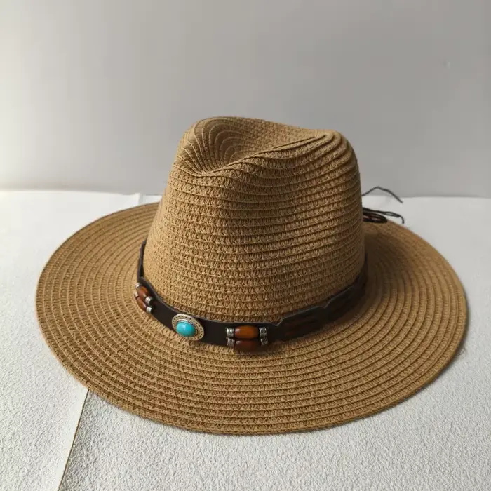 Chapeau de paille bohème pour femmes et hommes, vintage, plage, coquille, Western Cowboy, perles en 