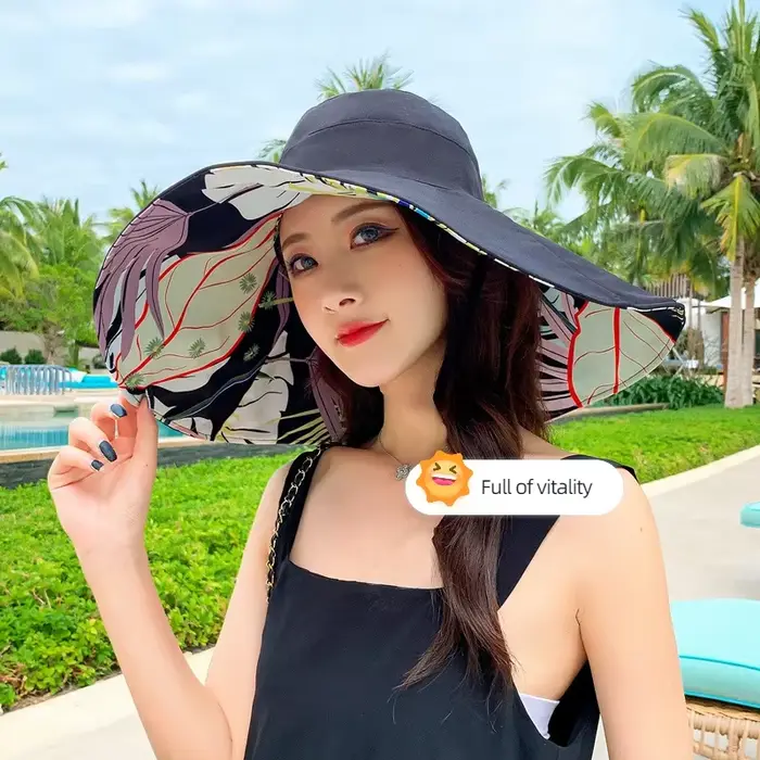 Chapeau d'été pour femme à large bord de 18 cm, double face, protection solaire, motif floral, pour 