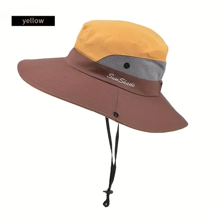Chapeau de soleil bicolore pour femme avec trou pour queue de cheval – Maille respirante imperméable à large bord pour la plage et la pêche pour le printemps et l'été
