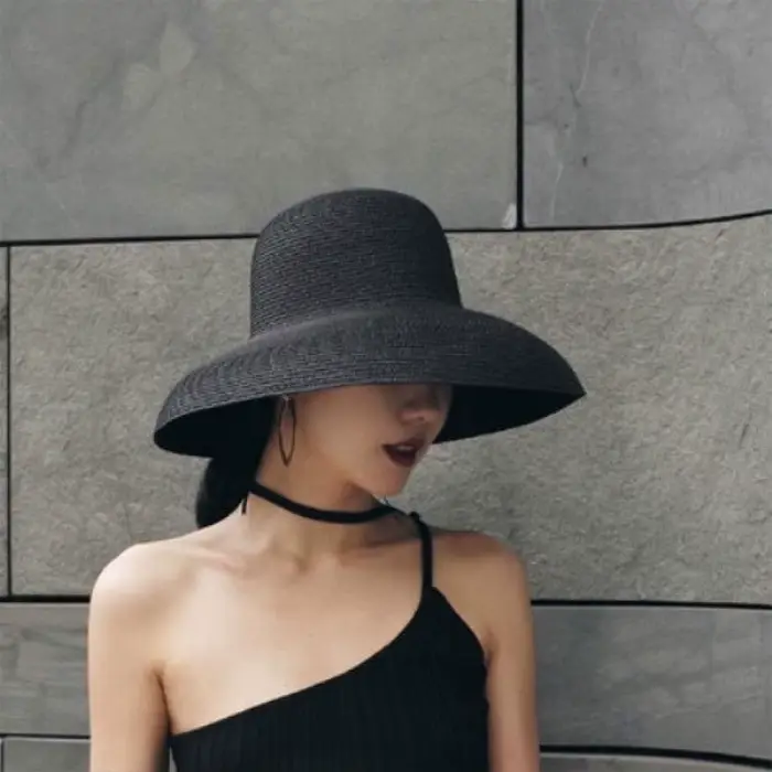Chapeau de paille anderpour pour femmes élégant à large bord protection solaire style Hepburn plage été