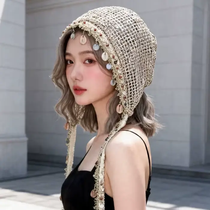 Bonnet élégant pour femme style bohème avec pompon coquillage – Idéal printemps-été pour les voyages et les photos