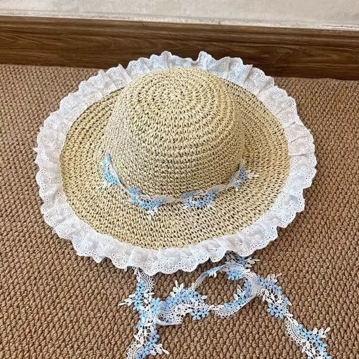 Chapeau de plage respirant pour les vacances avec guirlande et dentelle, grand chapeau de paille à l