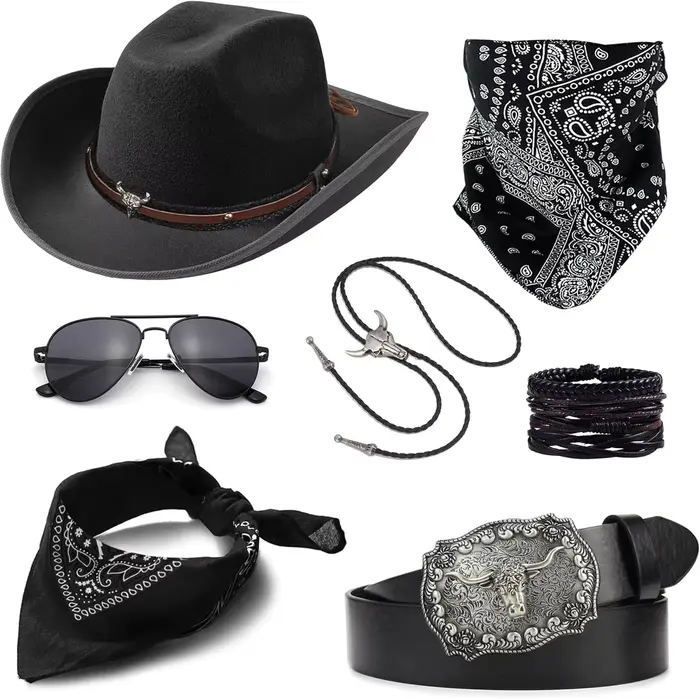 Costume de Cowboy pour hommes et femmes, chapeau de Cowboy occidental, Bolo, cravate, boucle, ceintu