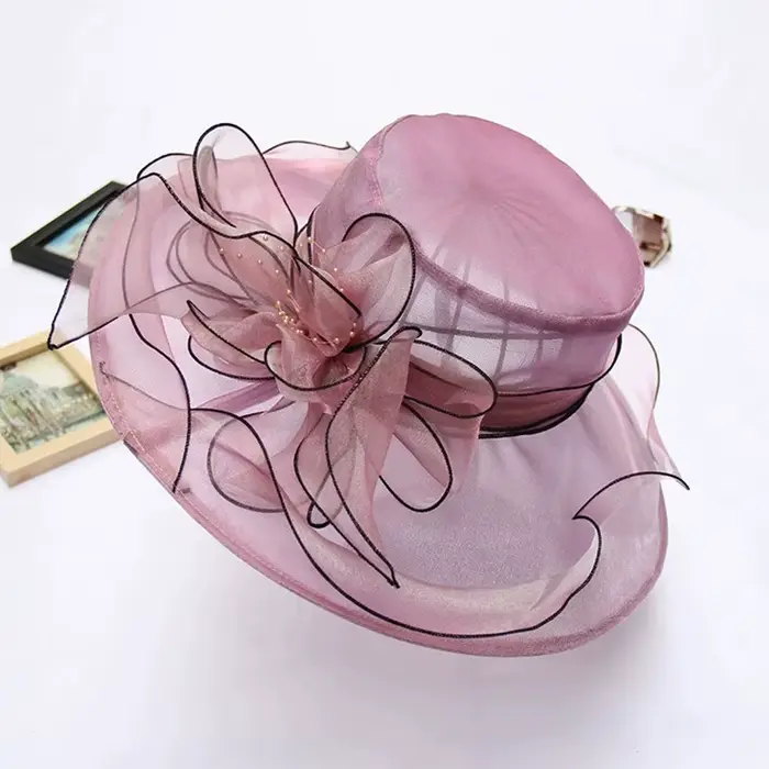 Chapeau vintage en organza à large bord pour femme, élégant pour l'église, mariage, chapeau de solei