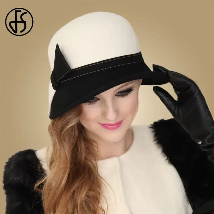 FS large bord blanc laine chapeaux melon Fedora Chapeau pour femmes Chapeau Femme Feutre hiver Cloch