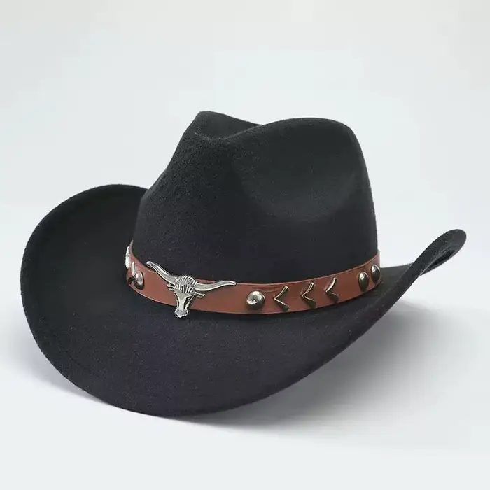 Chapeau de cowboy vintage en feutre avec crâne de taureau Longhorn, Fedora western avec ceinture à r
