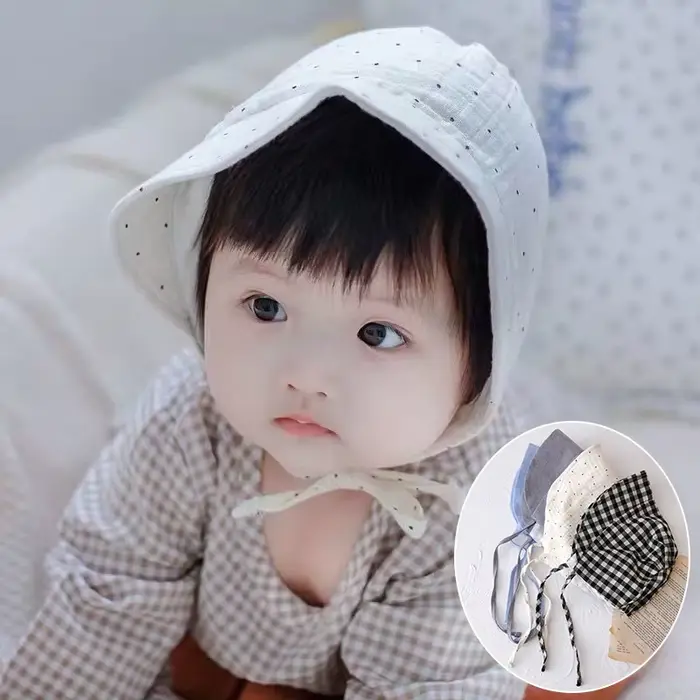 Chapeau de soleil à large bord pour bébé 3-12 mois protection auditive style japon coréen plaid coton polyester tricoté ajustable occassions printemps automne
