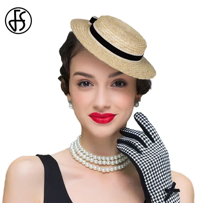 FS chapeau de paille à dessus plat avec velours et ruban au Crochet nœud à bord court Cocktail thé casquette de fête chapeaux fascinateurs pour les femmes 2025