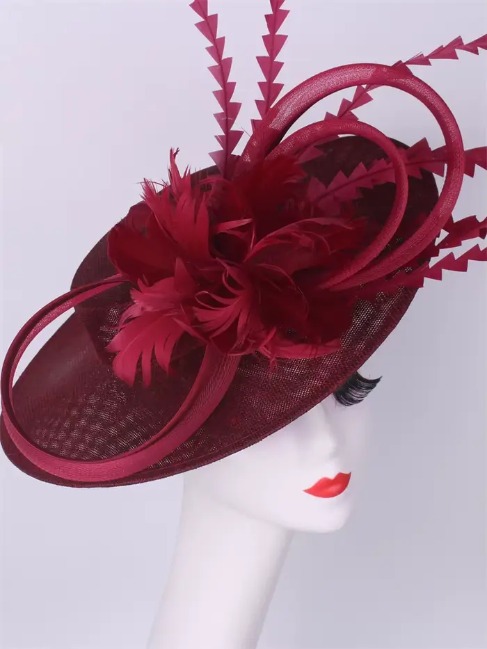 Bourgogne chapellerie casquettes bandeaux accessoires Imitation Sinamay Derby Cocktail chapeau femmes mariée cheveux Fascinator plume fantaisie