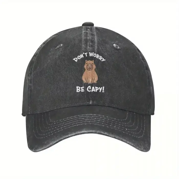 Casquette de baseball vintage en denim Capybara « Don't Worry, Be Capy » – Coton vieilli, légère, id