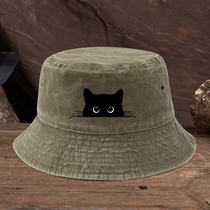 Chapeau de pêcheur à motif imprimé chat noir, style vintage, adapté aux voyages en plein air pour ho