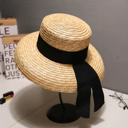 Chapeau d'été en paille à bords noirs pour femmes, chapeau de soleil de voyage en bord de mer, style